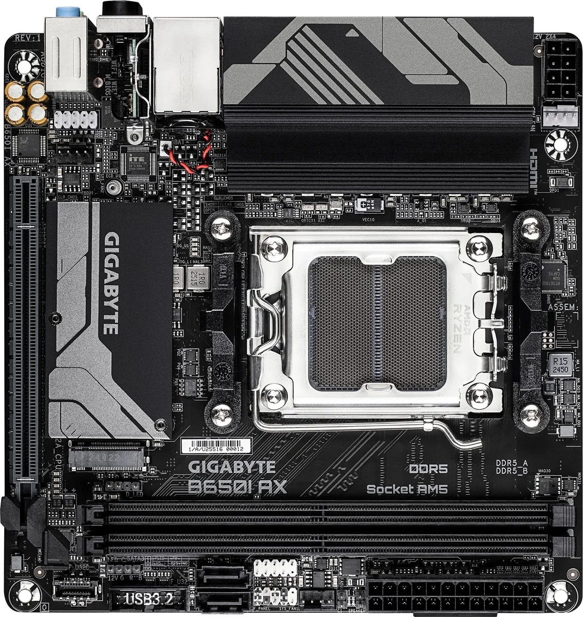 Материнская плата GIGABYTE B650I AX, AM5, AMD B650, 2xDDR5, 2xSATA, 1xM.2, 1xPCIe 4.0 x16, 1xHDMI, 1xDP, 1x2.5Gb LAN, Wi-Fi 6E, Bluetooth 5.3, 1xUSB-C 5Gbps, 1xUSB-A 5Gbps, 3xUSB-A 2.0, 3x3.5 мм, 7.1, ITX