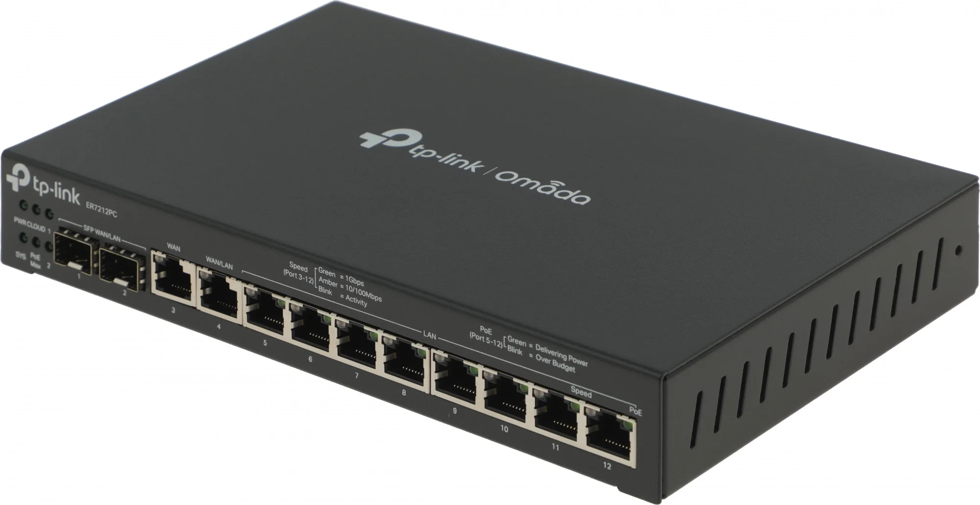 VPN-маршрутизатор TP-Link Omada 12 портовый, 8 портов LAN RJ45 PoE+ (802.3af/at), бюджет PoE 110 Вт + 2 гигабитных порта WAN/LAN SFP, гигабитный порт WAN RJ45, гигабитный порт WAN/LAN RJ45.
