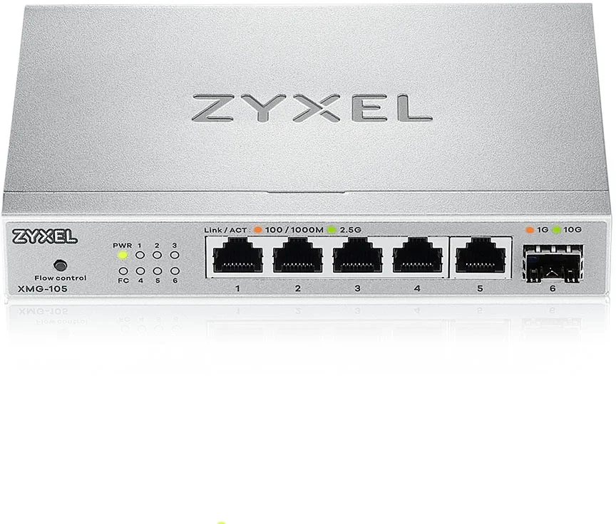 Коммутатор/ Мультигигабитный коммутатор Zyxel XMG-105, 5xRJ-45: 1/2.5G, 1xSFP+, настольный, бесшумный