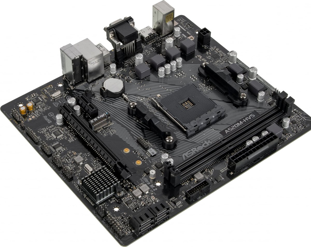 Материнская плата ASRock A520M-HVS, Socket AM4, AMD A520, 2xDDR4-3200, D-SUB+HDMI, 1xPCI-Ex16, 1xPCI-Ex1, 4xSATA3(RAID 0/1/10), 1xM.2, 8 Ch Audio, GLan, (2+4)xUSB2.0, (4+2)xUSB3.2, 1xPS/2, mATX, RTL {20}