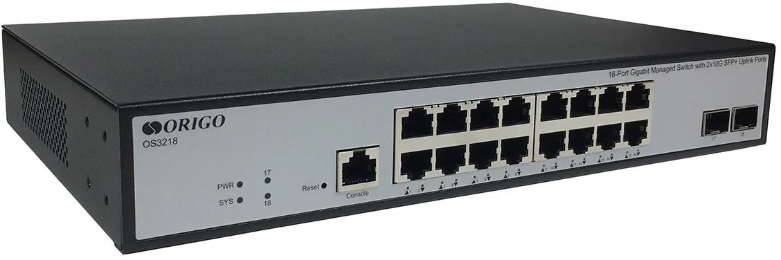 коммутатор ORIGO Управляемый L3 коммутатор, 16x1000Base-T, 2x10GBase-X SFP+, консольный порт RJ-45, комплект для установки в 19″ стойку