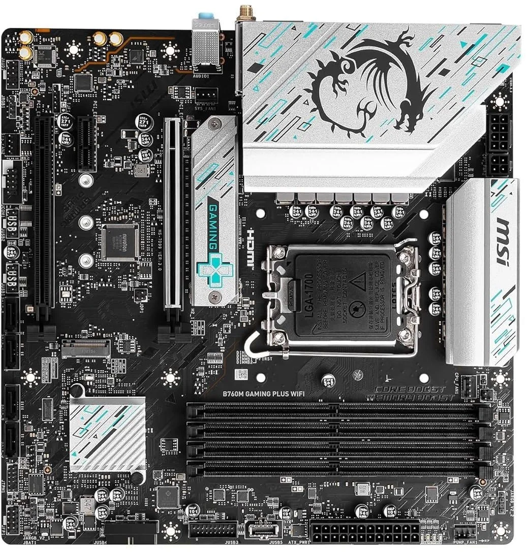 Материнская плата MSI B760M GAMING PLUS WIFI, LGA 1700, Intel B760, 4xDIMM DDR5, 4xSATA, 2xM.2, 1xPCI-E 4.0 x16, 1xPCI-E 3.0 x1, 2xHDMI, 2xDP, 1x 2.5Gb LAN, 2xUSB-A 3.2 Gen 2, 4xUSB 2.0, Micro-ATX