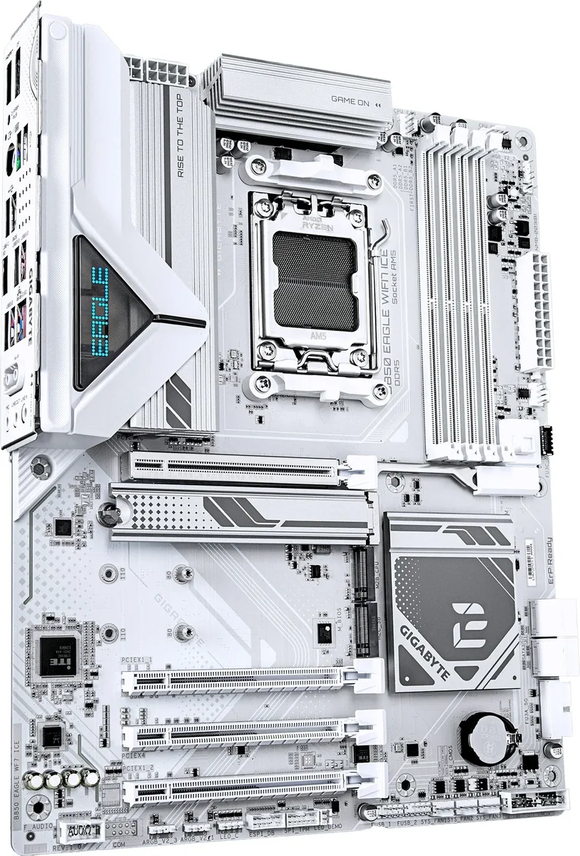 Материнская плата Gigabyte B850 EAGLE WIFI7 ICE, AM5, AMD B850, 4xDDR5, 4xSATA, 3xM.2, 1xPCIe 5.0 x16, 1xPCIe 4.0 x4, 2xPCIe 3.0 x1, 1xDP (v1.4), 1xHDMI, 1x2.5Gb LAN, Wi-Fi 7, Bluetooth 5.4, 1xUSB-C 5Gbps, 2xUSB-A 10Gbps, 2xUSB-A 5Gbps, 4xUSB-A 2.0, 3x3.5 мм, 7.1, ATX