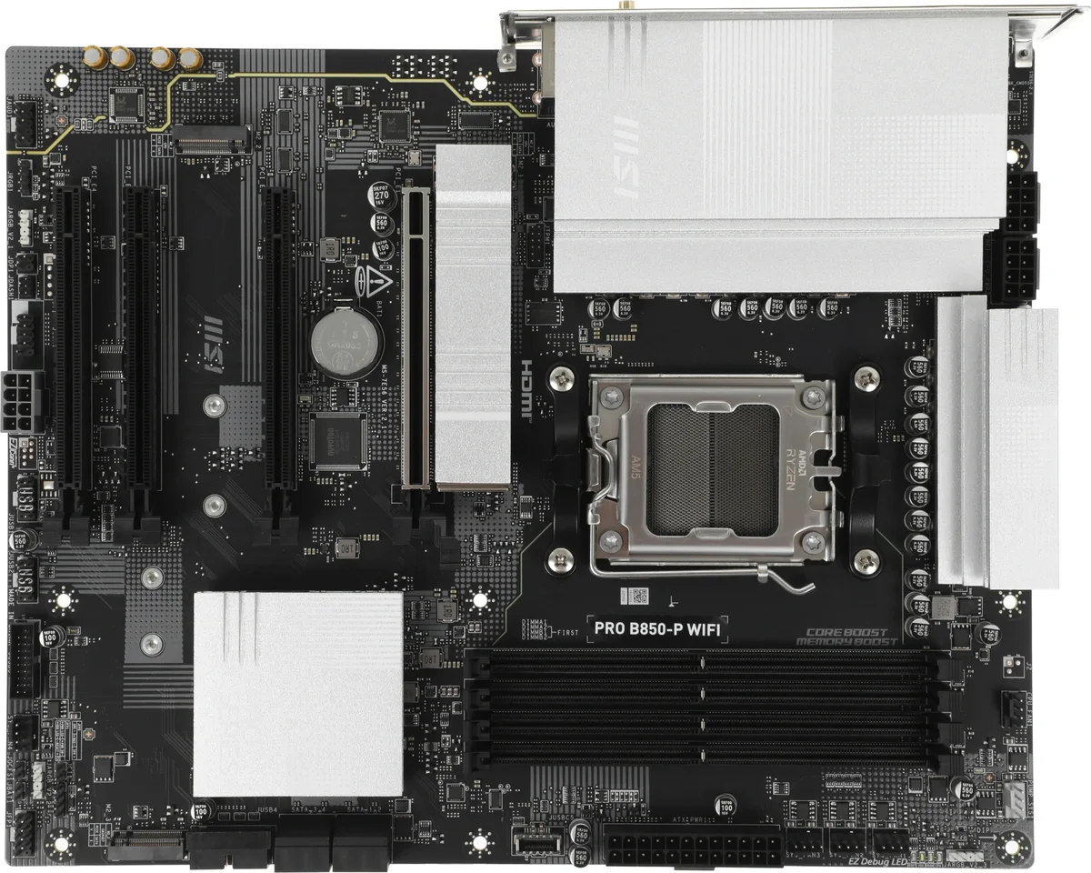 Материнская плата MSI PRO B850-P WIFI, AM5, AMD B850, 4xDDR5, 4xSATA, 3xM.2, 1xPCIe 5.0 x16, 1xPCIe 4.0 x4, 2xPCIe 3.0 x1, 1xHDMI, 1x5Gb LAN, Wi-Fi 7, 4xUSB 2.0, 1xUSB 3.2 Gen 1, 1xUSB 3.2 Gen 2, 2xUSB-C 3.2 Gen 2, 2x3.5 мм, 7.1, ATX