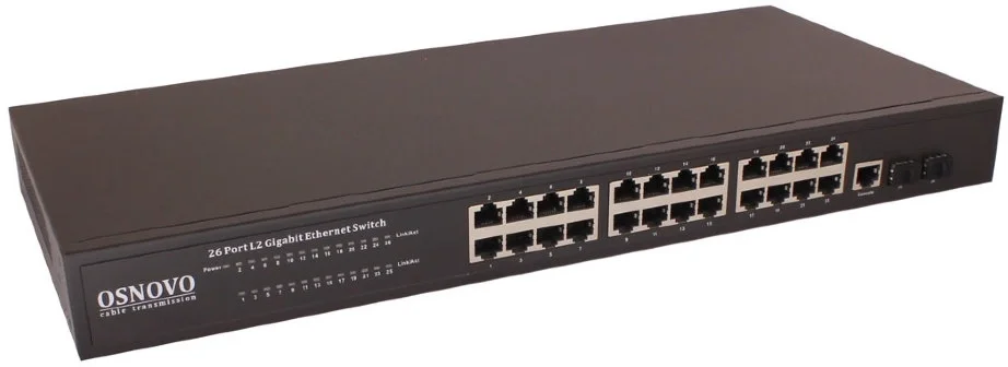 Коммутатор Gigabit Ethernet OSNOVO SW-72402/L2 Управляемый (L2+) коммутатор Gigabit Ethernet на 26 портов.Порты: 24 x GE (10/100/1000Base-T) + 2 x GE SFP (1000Base-X), Консольный порт; Уровень управления L2 (Full managed); Подде