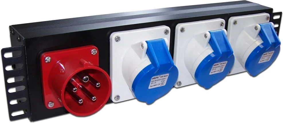 Блок розеток LANMASTER - TWT-PDU, 32A, in (380V IEC 309 32A), out (380V 3xIEC 309), Горизонтальный, цвет чёрный, TWT-PDU-32AI9-3P