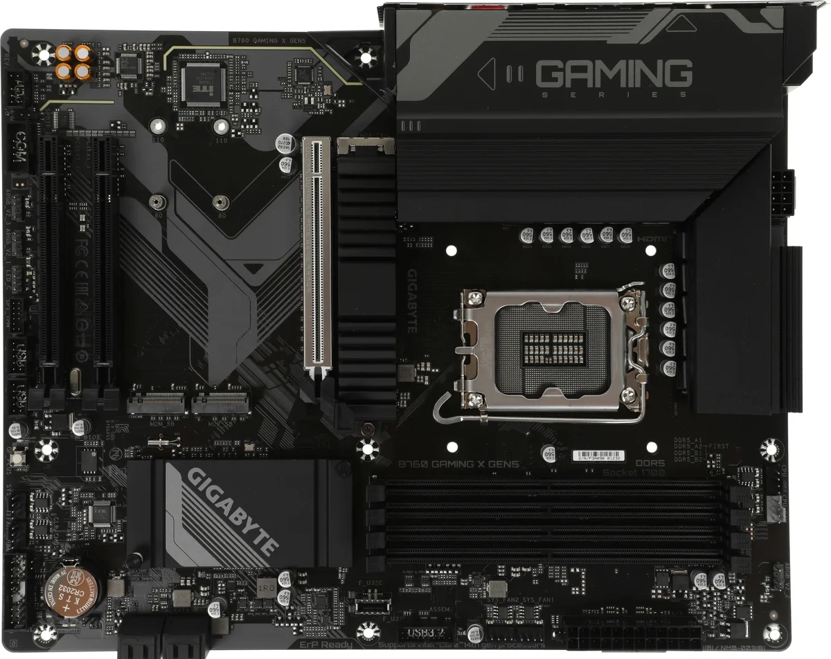 Материнская плата Gigabyte B760 GAMING X GEN5, LGA1700, Intel B760, 4xDDR5, 4xSATA, 3xM.2, 1xPCIe 5.0 x16, 2xPCIe 3.0 x1, 1xHDMI, 1xDP, 1x2.5Gb LAN, 1xUSB-C 5Gbps, 1xUSB-A 10Gbps, 1xUSB-A 5Gbps, 5xUSB-A 2.0, 6x3.5 мм, 7.1, ATX