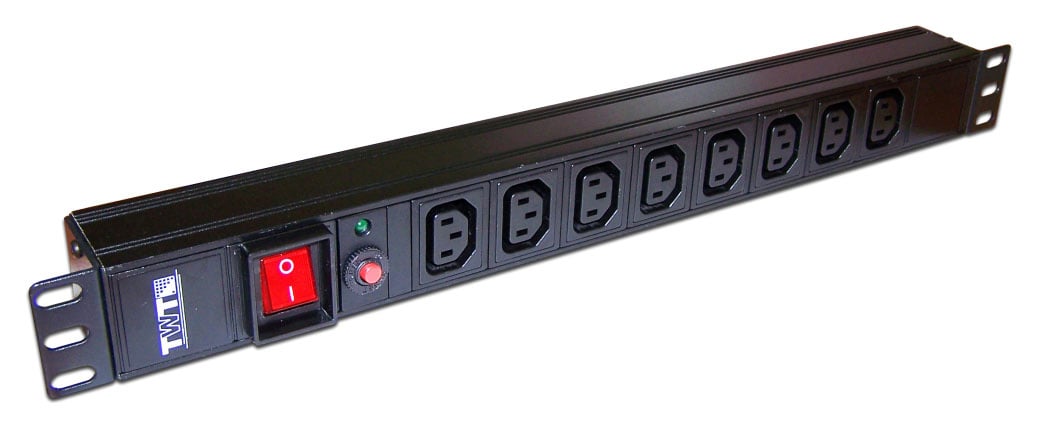 Блок розеток LANMASTER - TWT-PDU19, 10A, in (250V 1xIEC-320 C14), out (250V 8xIEC-C320 C13), Горизонтальный, выключатель, 1U, цвет чёрный, TWT-PDU19-10A8C3