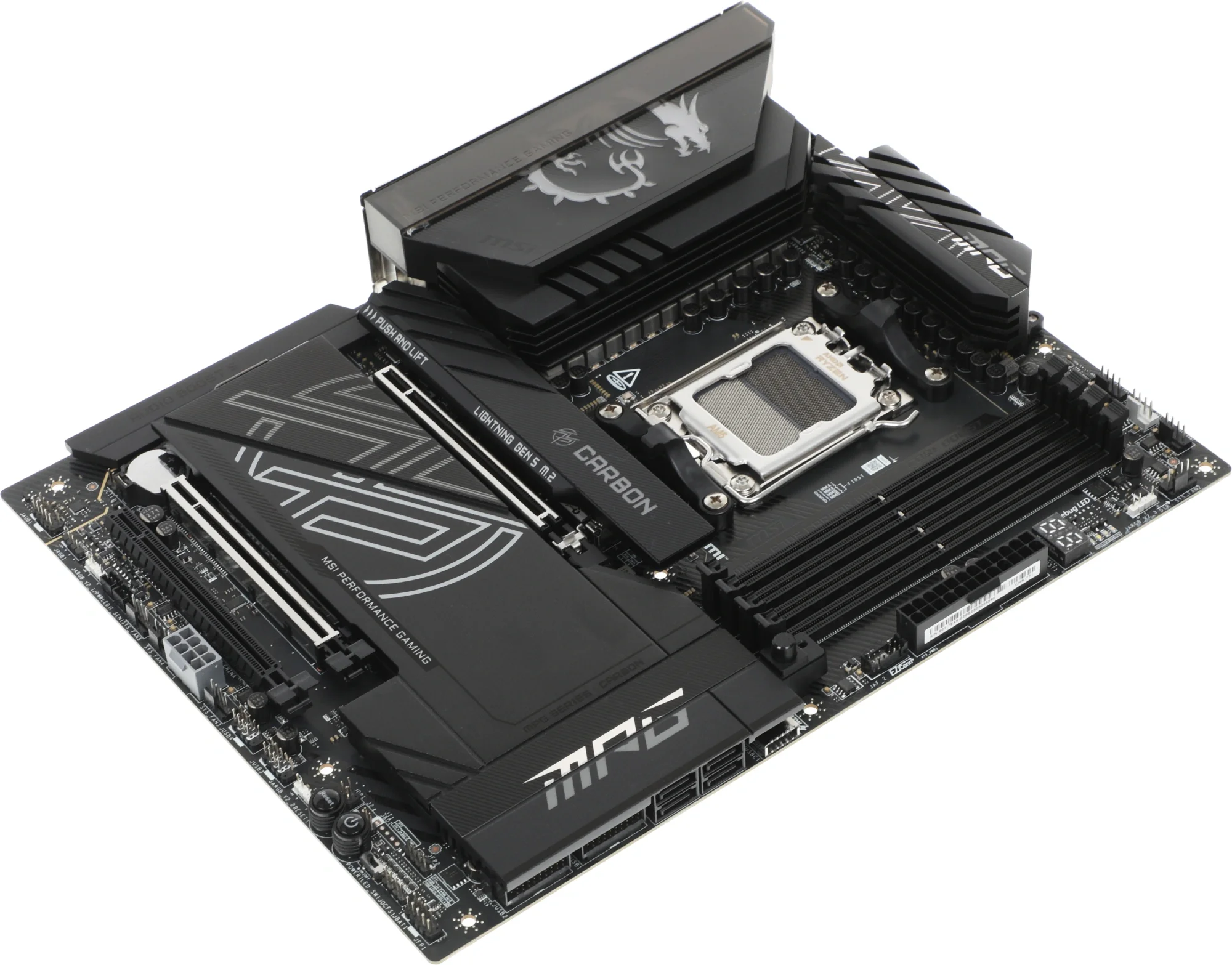Материнская плата MSI MPG X870E CARBON WIFI, AM5, AMD X870E, 4xDDR5, 4xSATA, 4xM.2, 1xPCIe 5.0 x16, 1xPCIe 5.0 x4, 1xPCIe 4.0 x4, 1xHDMI, 2xUSB-C, 2x1Gb LAN, 9xUSB 3.2 Gen 2, 2xUSB4, 2x3.5 мм, 7.1, ATX