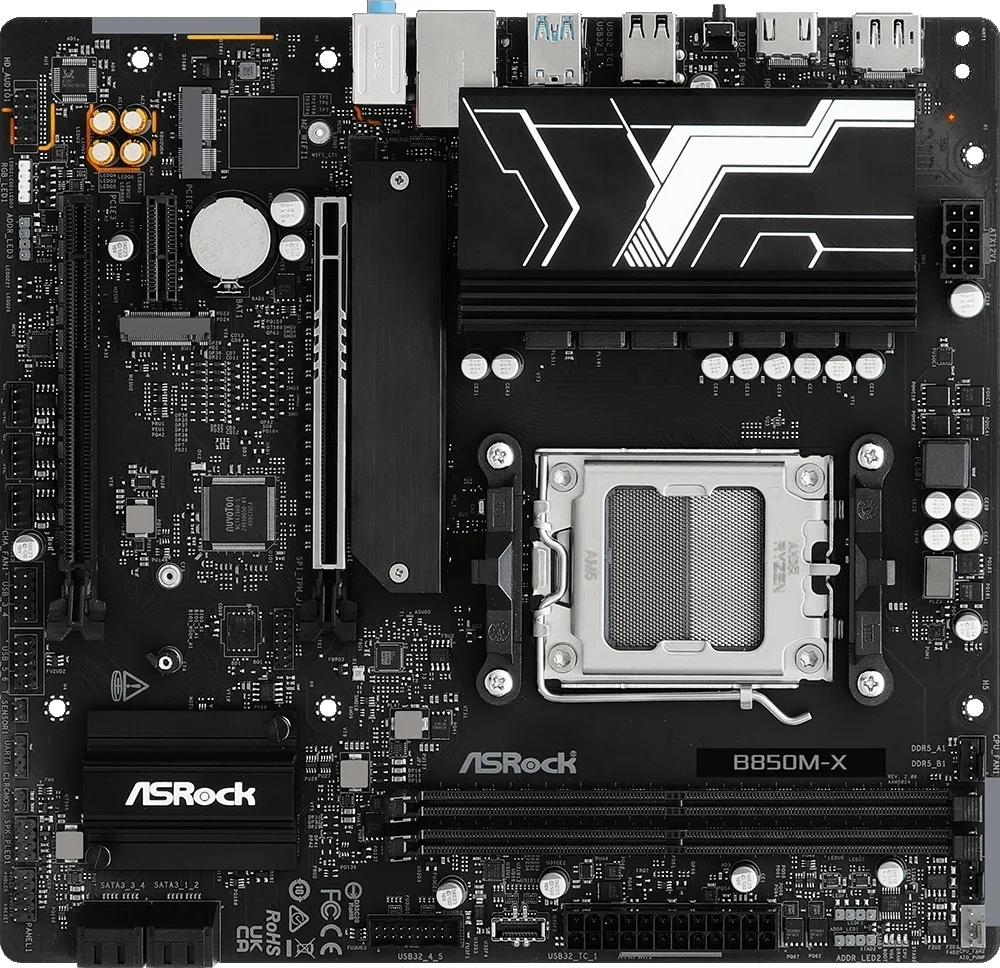 Материнская плата ASROCK B850M-X R2.0, AM5, AMD B850, 2xDDR5, 4xSATA, 2xM.2, 1xPCIe 5.0 x16, 1xPCIe 4.0 x4, 1xPCIe 3.0 x1, 1xDP, 1xHDMI, 1x2.5Gb LAN, 1xUSB-C 5Gbps, 3xUSB-A 5Gbps, 2xUSB-A 2.0, 3x3.5 мм, 7.1, mATX
