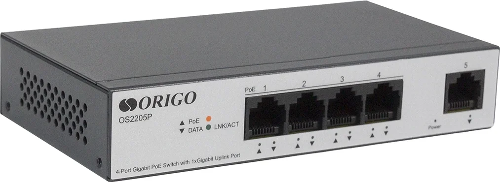 ORIGO OS2205P/60W/A1A Неуправляемый PoE-коммутатор 4x1000Base-T PoE+, 1x1000Base-T, PoE-бюджет 60 Вт, корпус металл
