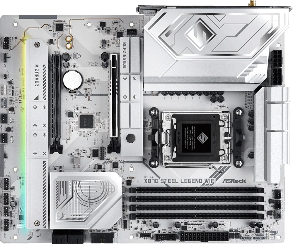 Материнская плата ASRock X870 STEEL LEGEND WIFI, AM5, AMD X870, 4xDDR5, 4xSATA, 3xM.2, 1xPCIe 5.0 x16, 1xPCIe 5.0 x4, 1xHDMI, 1x2.5Gb LAN, Wi-Fi 7, Bluetooth 5.4, 2xUSB-C 40Gbps, 2xUSB-A 10Gbps, 3xUSB-A 5Gbps, 4xUSB-A 2.0, 1xTOSLINK, 2x3.5 мм, 7.1, ATX