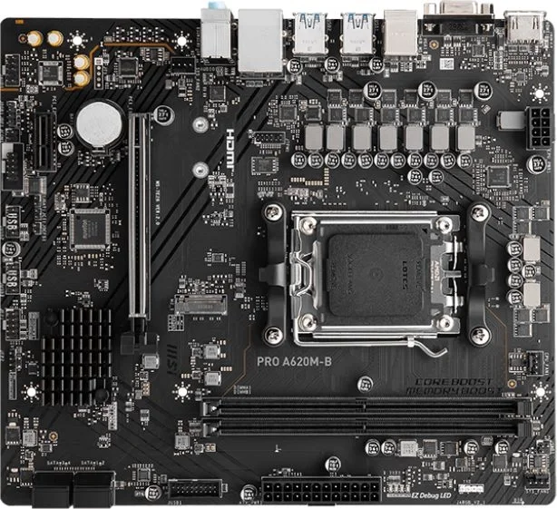 Материнская плата MSI PRO A620M-B, AM5, AMD A620, 2xDDR5, 4xSATA, 1xM.2 (PCIe 4.0 x4), 1xPCIe 4.0 x16, 1xPCIe 3.0 x1, 1xHDMI, 1xVGA, 1x2.5Gb LAN, 6xUSB-A 5Gbps, 6xUSB-A 2.0, 3x3.5 мм, 7.1, mATX