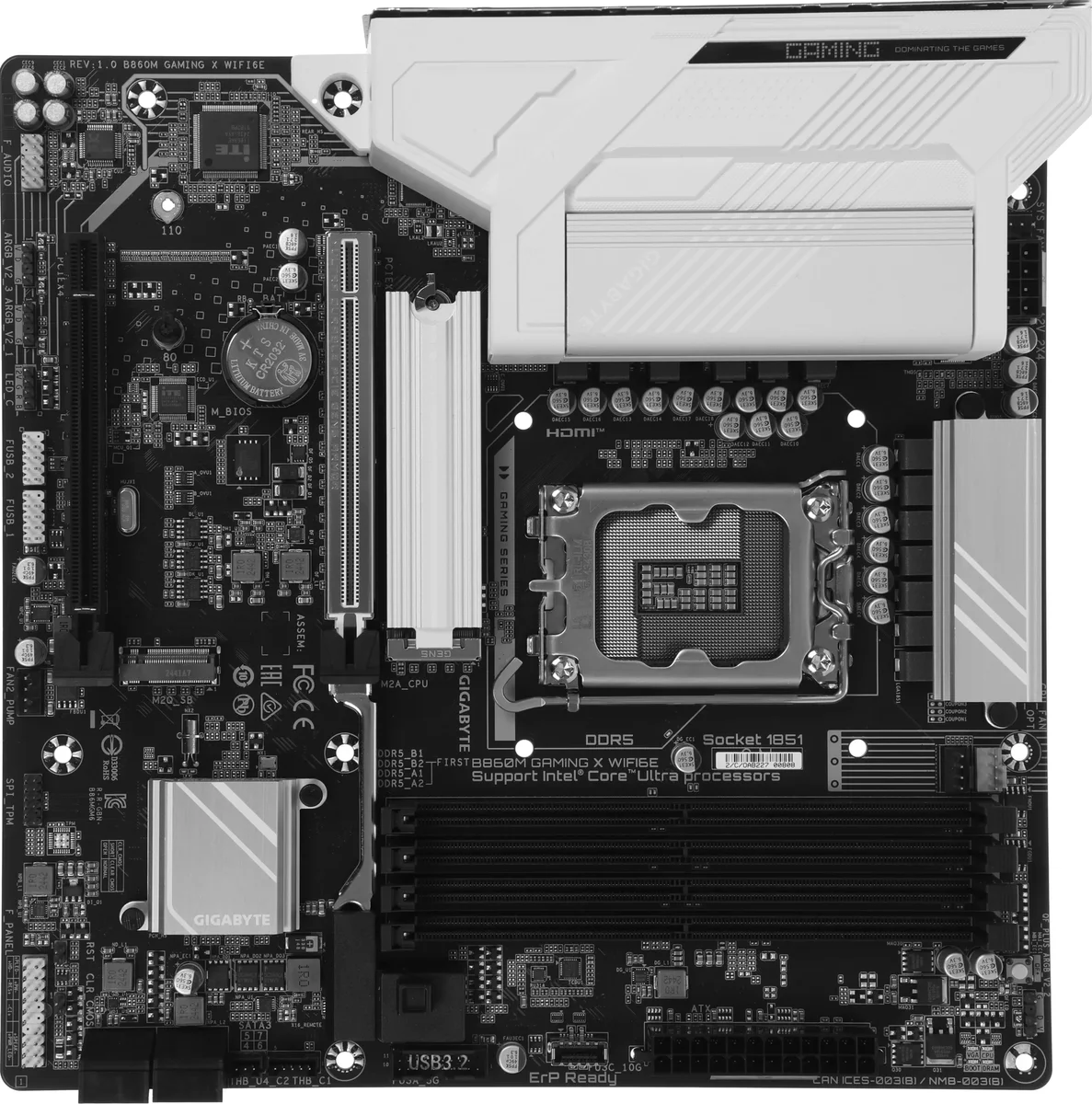 Материнская плата Gigabyte B860M GAMING X WIFI6E, LGA 1851, Intel B860, 4xDDR5, 4xSATA, 3xM.2, 1xPCIe 5.0 x16, 2xPCIe 4.0 x16, 1xHDMI, 1xDP, 1x 2.5Gb LAN, 4xUSB-A 2.0, 2xUSB-A 3.2 Gen 1, 1xUSB-C 3.2 Gen 2, 7.1, 3x3.5 мм, 3xARGb, 4xRGb, mATX