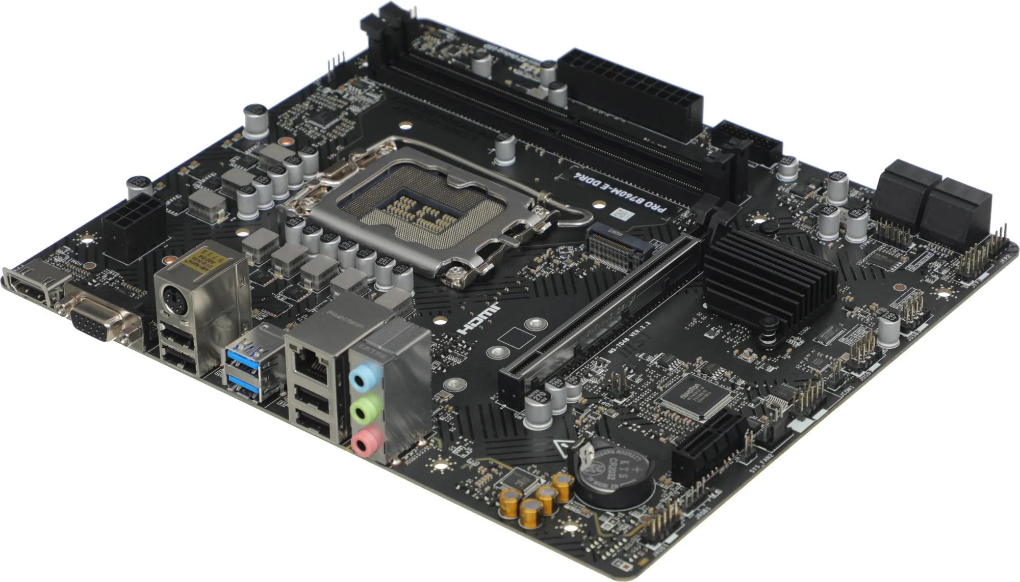 Материнская плата MSI PRO B760M-E DDR4, LGA 1700, Intel B760, 2xDDR4, 4xSATA, 1xM.2, 1xPCIe 4.0 x16, 1xPCIe 4.0 x1, 1xHDMI, 1xVGA, 1x1Gb LAN, 2xUSB-A 3.2 Gen 1, 4xUSB-A 2.0, 3x3.5 мм, 7.1, mATX