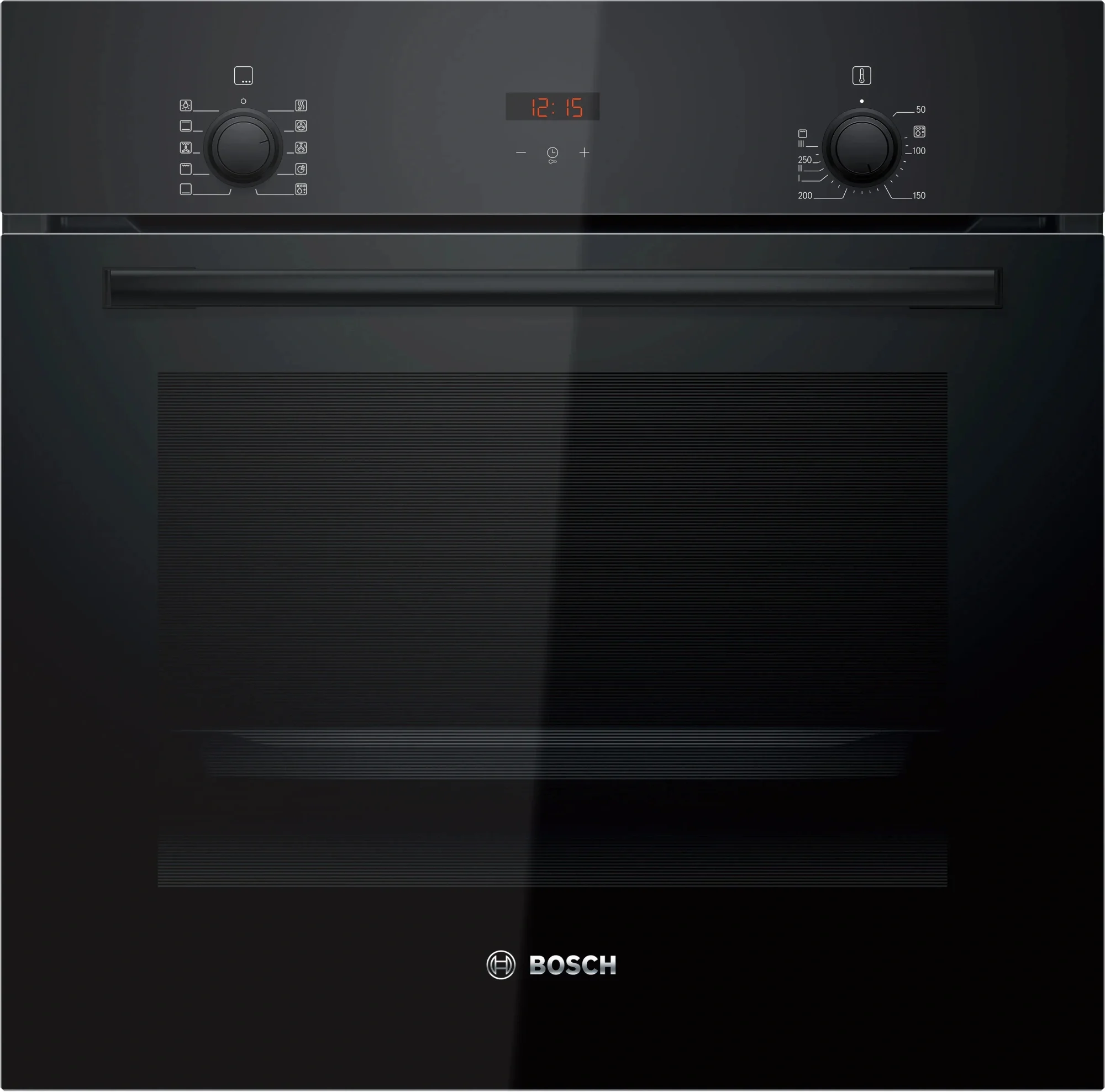 Духовой шкаф электрический Bosch HBF512BB1T Serie 2, духовой шкаф, черный, класс энергоэффективности А, 7 режимов, 3-х слойное остекление, LED-дисплей, утапливаемые переключатели, галогенное освещение, проволочные направляющие, сделано в Турции,