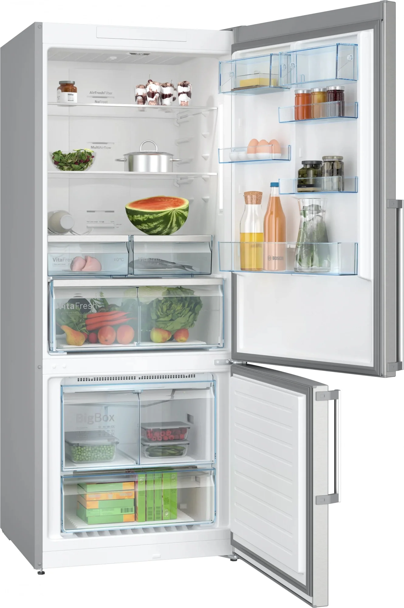 Full NoFrost, Serie 6, Габариты 186x75x80, Общий пол. объем: 521 (х:406, м:115), Нерж. сталь с легкой очисткой, Цифровой LCD дисплей, Внешние высокие металлические ручки, Multi Airflow, AirFresh Filter, Боковое LED освещение и точечное для зон свежести, Два отделения для молочных продуктов, Хромовые аппликации, Нулевые зоны VitaFresh plus, Зона свежести VitaFresh plus, Класс энергоэффективности A++, Уровень шума 40 дБ