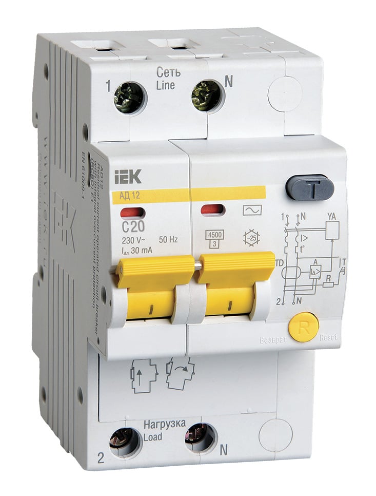 Выключатель автом. дифф. тока IEK MAD10-2-020-C-030 АД12 20A тип C 4.5kA 30мА AC 2П 230В 3мод белый (упак.:1шт)