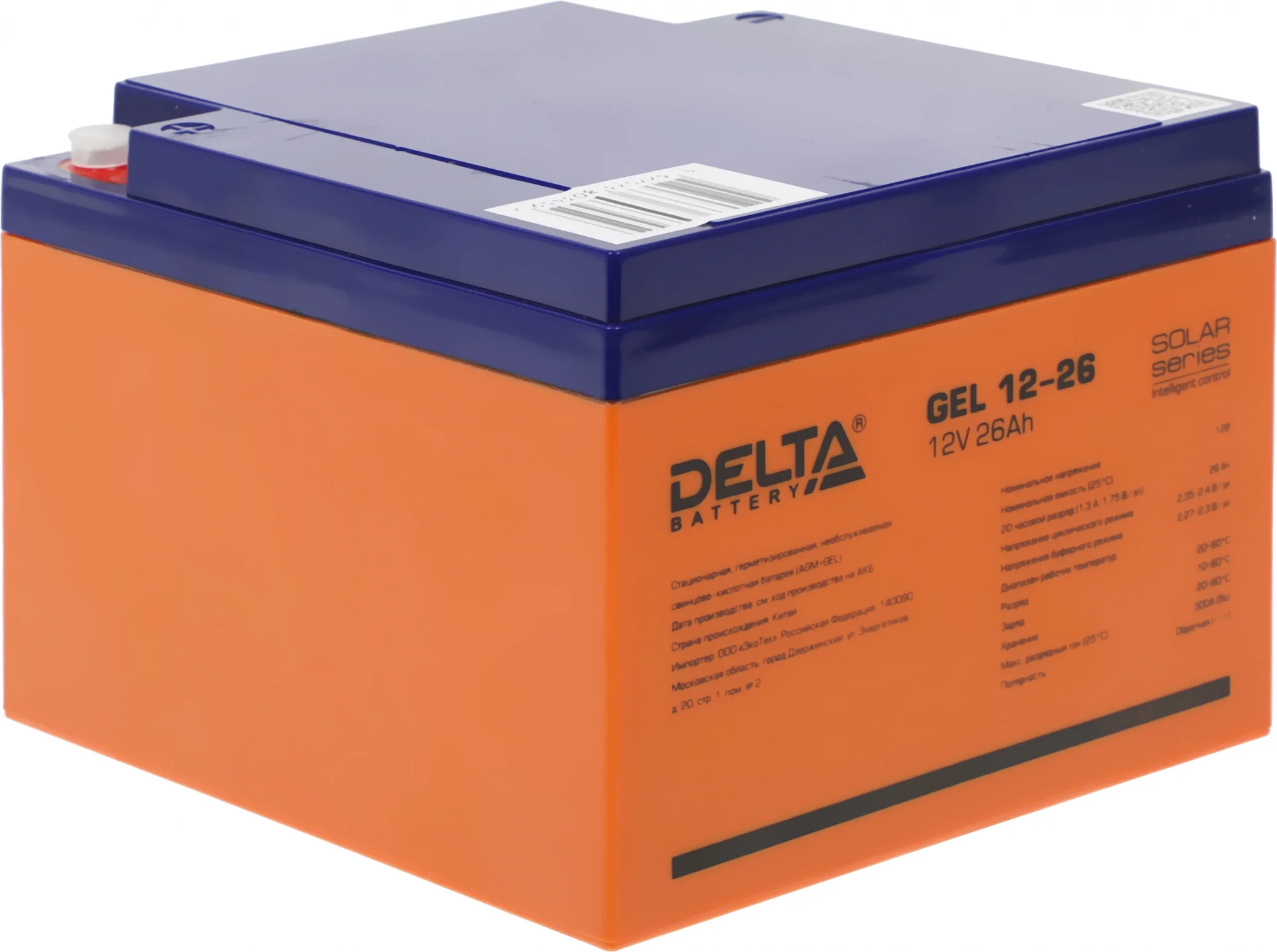 Батарея DELTA серия GEL, GEL 12-26, напряжение 12В, емкость 26Ач (разряд 20 часов),  макс. ток разряда (5 сек.) 300А, макс. ток заряда 5.2А, свинцово-кислотная типа AGM+GEL, клеммы под болт М6, ДxШxВ 166х175х125мм., вес 8.1кг., срок службы 10-12 лет./ Battery DELTA series GEL, GEL 12-26, voltage 12V, capacity 26Ah (discharge 20 hours), max. discharge current (5 sec.) 300A, max. charge current 5.2A, lead-acid type AGM + GEL, terminals for M6 bolt, LxWxH 166x175x125mm., weight 8.1kg., service life