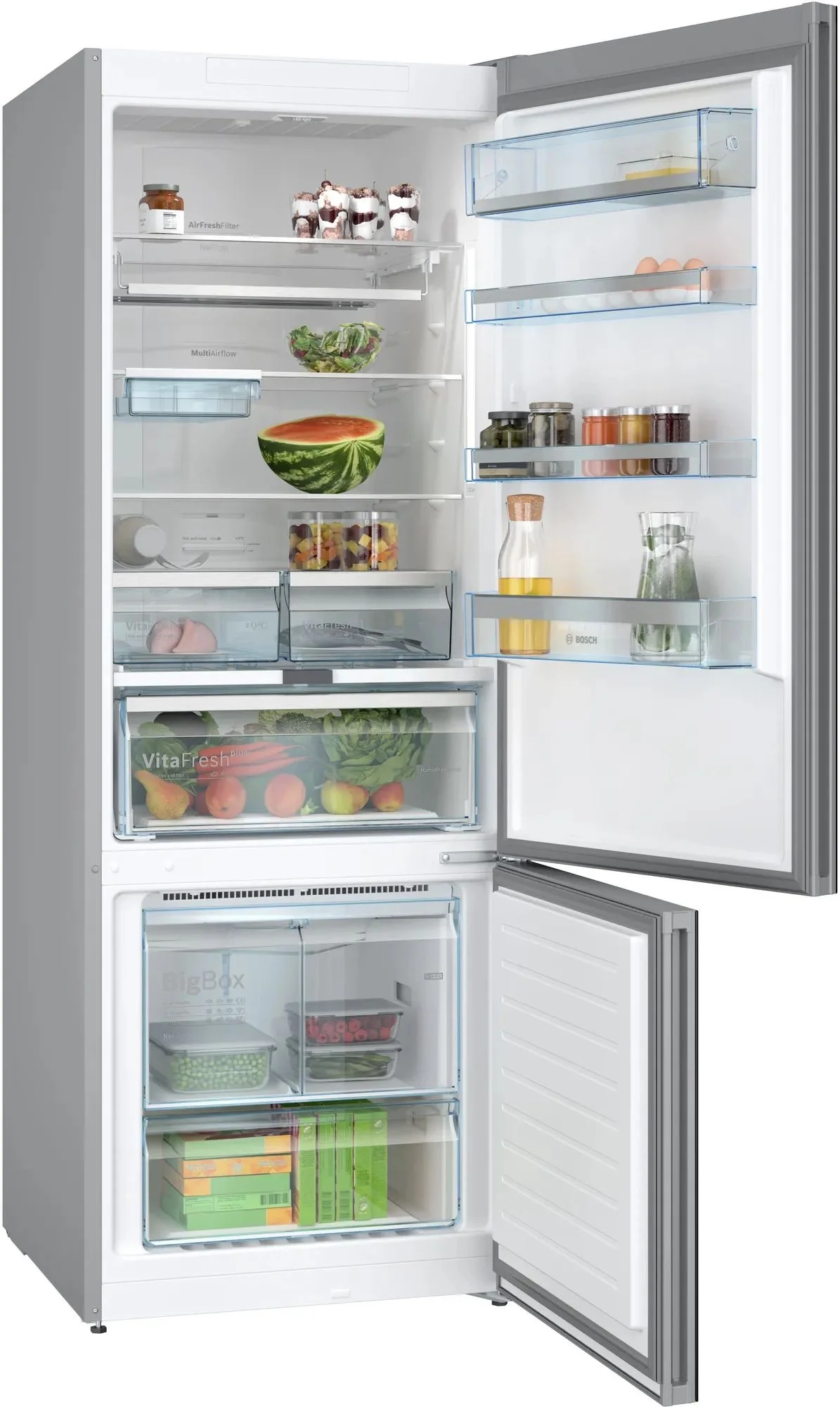 Full NoFrost, Serie   6, Габариты 193x70x80, Общий пол. объем: 559 л. (х:417, м:142), Черное стекло,Цифровой LCD дисплей,, Multi Airflow, AirFresh Filter, Боковое LED освещение и точечное для зон свежести, Полки EasyAccess, Отделение для молочных продуктов, Подвесная полка на 5 бутылок, Хромовые аппликации, Нулевые зоны VitaFresh plus, Зона свежести VitaFresh plus, Класс энергоэффективности A +, Уровень шума 42 дБ