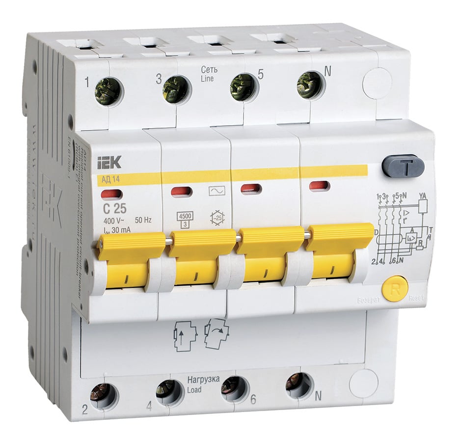Выключатель автом. дифф. тока IEK MAD10-4-025-C-030 АД14 25A тип C 4.5kA 30мА AC 4П 230/400В 5мод белый (упак.:1шт)