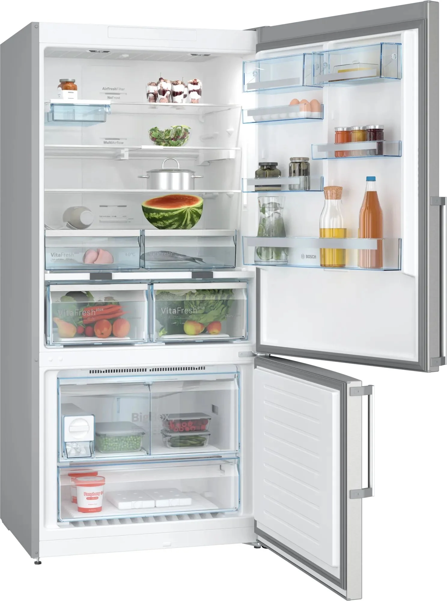 Full NoFrost, Serie   6, Габариты 186x86x81, Общий пол. объем: 619 (х:479, м:140), Нерж. сталь с легкой очисткой, Цифровой LCD дисплей, Внешние высокие металлические ручки, Multi Airflow, AirFresh Filter, Верхнее LED освещение, Два отделения для молочных продуктов, Хромовые аппликации, Нулевые зоны VitaFresh plus, Зона свежести VitaFresh plus, Класс энергоэффективности A++, Уровень шума 40дБ, 10 лет гарантии на компрессор, PerfectFit, Турция