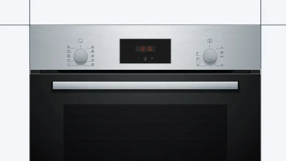 Духовой шкаф Bosch HBF512BS1T Serie 2, нержавеющая сталь, класс энергоэффективности А, 7 режимов, 3-х слойное остекление, LED-дисплей, утапливаемые переключатели, галогенное освещение, проволочные направляющие, сделано в Турции,