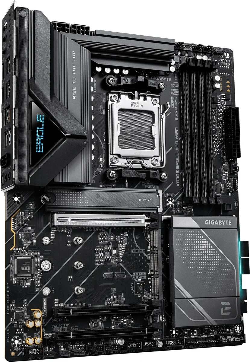 Материнская плата Gigabyte X870E EAGLE X3D WIFI7, AM5, AMD X870E, 4xDDR5, 4xSATA, 4xM.2, 1xPCIe 5.0 x16, 1xPCIe 4.0 x16, 1xPCIe 3.0 x16, 1xHDMI, 1x5Gb LAN, Wi-Fi 7, Bluetooth 5.4, 2xUSB-C 40Gbps (USB4), 1xUSB-C 10Gbps, 4xUSB-A 10Gbps, 4xUSB-A 5Gbps, 3x3.5 мм + S/PDIF оптический, 7.1, чёрный, с подсветкой, ATX