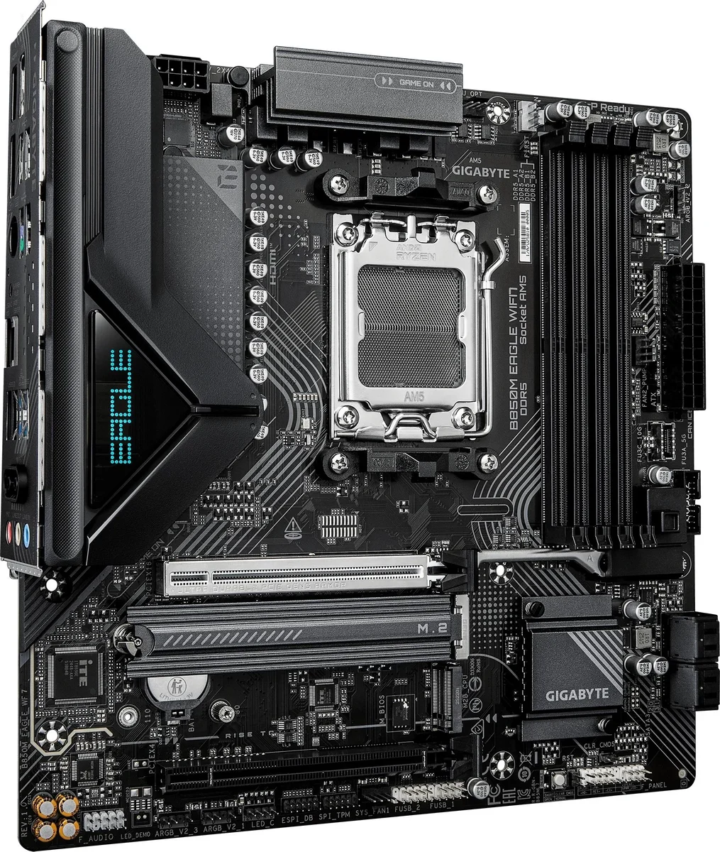 Материнская плата Gigabyte B850M EAGLE WIFI7, AM5, AMD B850, 4xDDR5, 4xSATA, 2xM.2, 1xPCIe 5.0 x16, 1xPCIe 3.0 x16, 1xHDMI, 2xDP, 1x2.5Gb LAN, Wi-Fi 7, Bluetooth 5.4, 1xUSB-C 10Gbps, 1xUSB-A 10Gbps, 2xUSB-A 5Gbps, 4xUSB-A 2.0, 1xPS/2, 3x3.5 мм, 7.1, mATX