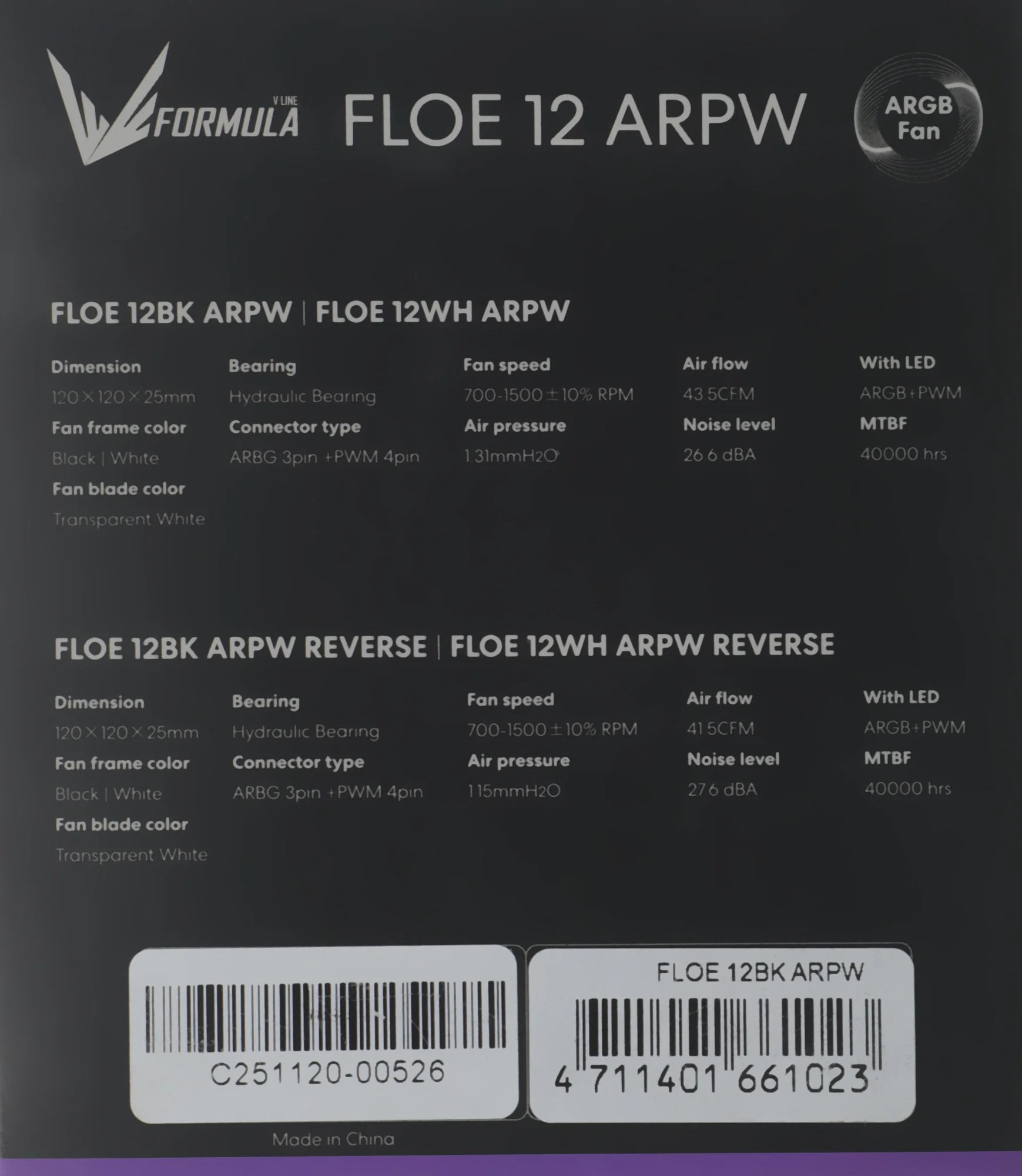 Вентилятор для корпуса Formula Floe 12BK ARGB 120х120x25 черный 4-pin 26.8дБ (FLOE 12BK ARPW) Ret