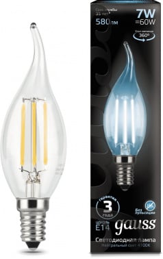 Лампа филам. Gauss Filament 7Вт цок.:E14 свеча 220B св.свеч.бел.нейт. CF35 (упак.:10шт) (104801207)
