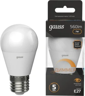 Лампа светодиодная Gauss 105102107-D 7Вт цок.:E27 шар 220B св.свеч.бел.теп. (упак.:1шт)
