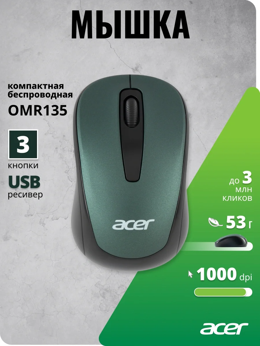 Мышь Acer OMR135 зеленый оптическая 1000dpi беспров. USB для ноутбука 3but (ZL.MCEEE.01I)