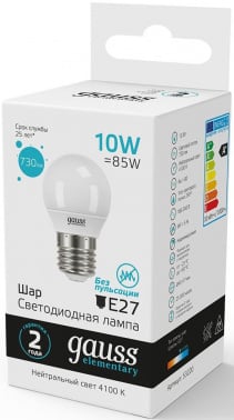 Лампа светодиодная Gauss Elementary 10Вт цок.:E27 шар 220B св.свеч.бел.нейт. (упак.:10шт) (53220)