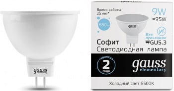 Лампа светодиодная Gauss Elementary MR16 9Вт цок.:GX5.3 спот 220B св.свеч.бел.хол. MR16 (упак.:10шт) (13539)