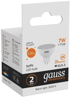 Лампа светодиодная Gauss 7Вт цок.:GU5.3 рефлек. 220B св.свеч.бел.теп. MR16 (упак.:1шт) (13517)