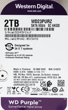 Жесткий диск WD SATA-III 2TB WD23PURZ Surveillance Purple (5400rpm) 64Mb 3.5"