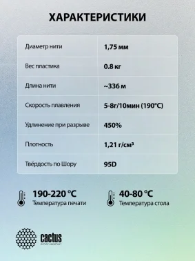 Пластик для принтера 3D Cactus CS-3D-TPU-0.8KG-BLUE TPU d1.75мм 0.8кг L336м 1цв.