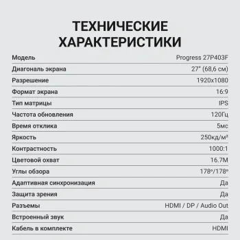Монитор Digma 27" Progress 27P403F черный IPS LED 5ms 16:9 HDMI M/M матовая 250cd 178гр/178гр 1920x1080 120Hz DP FHD 4.1кг