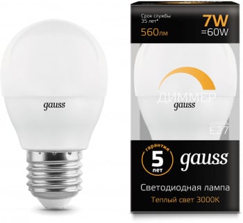 Лампа светодиодная Gauss 105102107-D 7Вт цок.:E27 шар 220B св.свеч.бел.теп. (упак.:1шт)