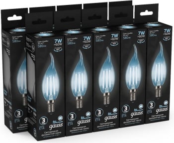 Лампа филам. Gauss Filament 7Вт цок.:E14 свеча 220B св.свеч.бел.нейт. CF35 (упак.:10шт) (104801207)