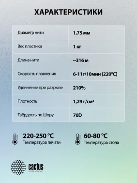Пластик для принтера 3D Cactus CS-3D-PETG-1KG-CYAN PETG d1.75мм 1кг L316м 1цв.