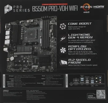 Материнская плата MSI B550M PRO-VDH WIFI Soc-AM4 AMD B550 4xDDR4 mATX AC`97 8ch(7.1) GbLAN RAID+HDMI+DP