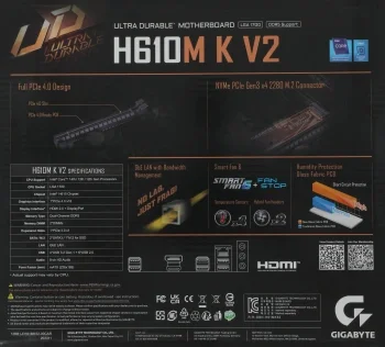 Материнская плата Gigabyte H610M K V2 Soc-1700 Intel H610 2xDDR5 mATX AC`97 8ch(7.1) GbLAN+HDMI+DP