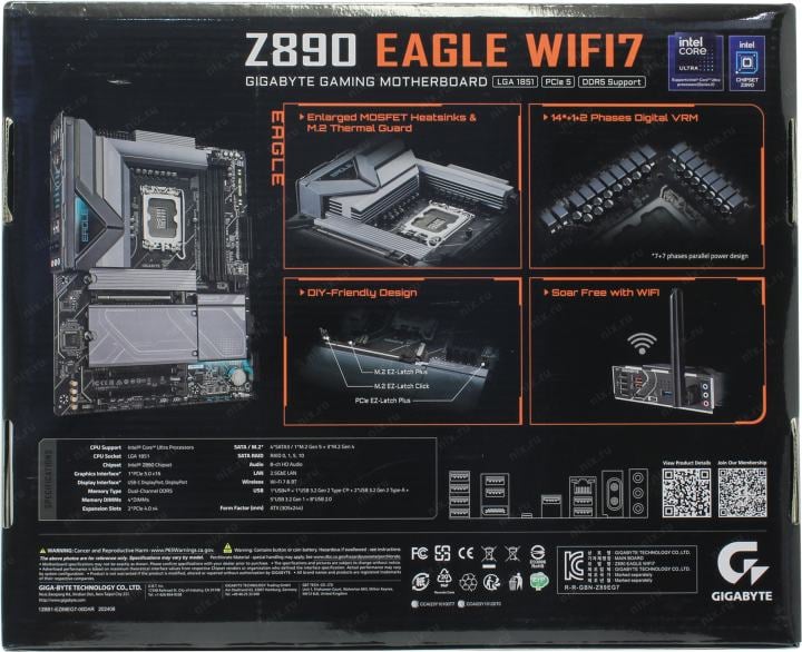 GIGABYTE Z890 EAGLE WIFI7 (RTL) LGA1851 <Z890> 3xPCI-E DP 2.5GbLAN+WiFi+BT SATA RAID  ATX  4DDR5