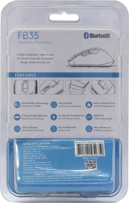 A4Tech FSTYLER Wireless&Bluetooth Optical Mouse <FB35 Midnight Green> (RTL)  USB  6btn+Roll