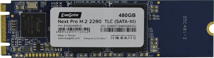 Диск SSD Exegate - NextPro Series, для ноутбука, M.2 2280, 480 ГБ, SATA, 6 Гб/с, speed write-499МБ/с read-568МБ/с, TLC, SM2258XT+B16A, EX280466RUS