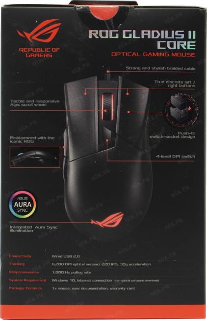 ASUS ROG GLADIUS II CORE P507 Optical  Mouse  (RTL)  6btn+Roll <90MP01D0-B0UA00>