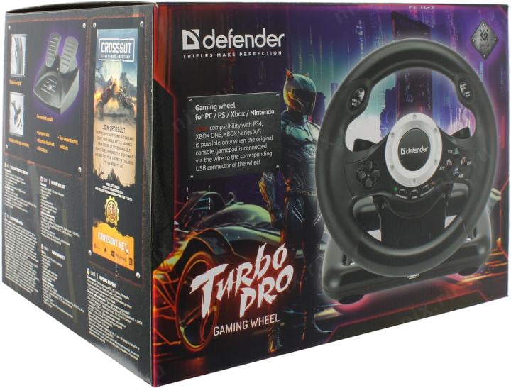 Руль Defender Turbo Pro (Vibration, рулевое колесо, педали, 8поз.перекл.,  10кн.,  USB,  PS3/PS4/XBOX) <64291>