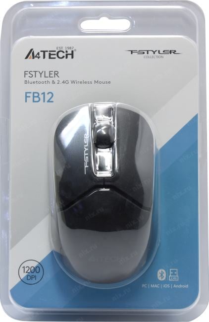 A4Tech FSTYLER Wireless&Bluetooth Optical Mouse <FB12 Black> (RTL)  USB  3btn+Roll